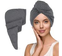 MaopaoBeauty Hair Towel Terry Cloth Absorbent Dry Anti Frizz Twist Plopping Curly Shower for Women Wet Hair 1Pack Grey Waffle Long Hair Head Wraps Quick Dry Hair Drying Towels Button