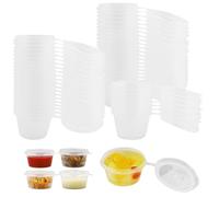 MAOQYE 100 Pcs Small Plastic 1oz Pots with Lids, Reusable Hinged Sauce Pots, Clear Jelly Shot Cups Small Plastic Deli Pot for Portion Controll, Sauce, Condiments, Meal Prep (25ml)