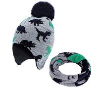 MaoXinTek Winter Hats for Kids, Knitted Bobble and Circle Scarf Set, Baby Beanie Dinosaur Warm Cap with Pompom Fleece Lining for Boy Girl Children Toddler(2-5 Age) Grey