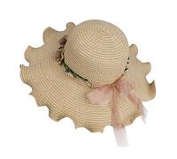 MaoXinTek Women Straw Hat Foldable Wide Brim Sun Summer Beach Cap with Flower Anti-UV Protection for Travel Vacation Beige