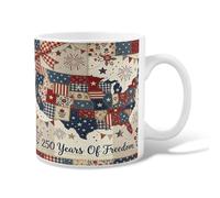 Map Ceramic Coffee Mug, Patriotic Rustic Stars Banners Independence Day Red Novelty Office Drinking Cup with Handle Ideal for Friends Family Lovers Eldership Senior Co-Worker 11 Oz