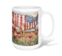 Map Ceramic Coffee Mug, Patriotic Rustic Tulips Wheat Summer Red Novelty Work Drinking Mugs with Handle Ideal for Friends Family Co-Worker Lovers Eldership Senior 15 Oz