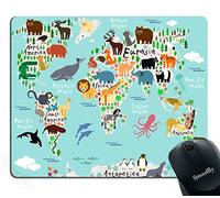 Map Mouse Pad Office, Animal Map of The World for Cartoon Mountains Tree Image, Rectangle Non-Slip Rubber Mousepad, Blue Green