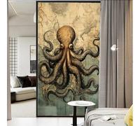 Map Octopus Stained Glass Window Film Retro Animals Nautical Map Privacy Window Film Non-Adhesive Glass Film Decorative Static Cling Film for Home Office 17.7Wx23.6L inch