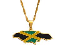 Map of Jamaica With City Pendant Necklaces for Women Men Stainless Steel Jamaica Maps Chains Jewelry (45cm or 17.7 Inches(Chain Length), With Flag)