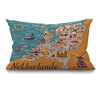 Map of Netherlands Decorative Cushion Cover Dutch Landmarks Holland Food Windmill Blue Yellow Cotton Linen Throw Lumbar Pillow Case Throw Pillow Cover Home Office Decorative Rectangle 12 X 20 Inches