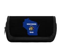 Map of Wisconsin Flag Cute Double Pencil Case Large Capacity Portable Pen Pouch with Zippered
