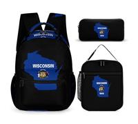 Map of Wisconsin Flag Printed Dayback Set with Lunch Bag And Pencil Case Lightweight Classic Backpack Set 3pcs