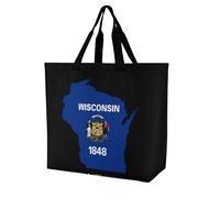 Map of Wisconsin Flag Reusable Shopping Bags One Shoulder Grocery Tote Bag Waterproof Big Purse for Work Travel