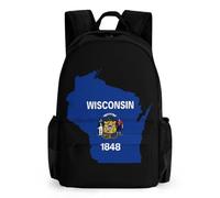 Map of Wisconsin Flag Trendy Printed Travel Backpack with Pocket Funny 16 Inch Shoulder Daypack for Work Hiking Camping