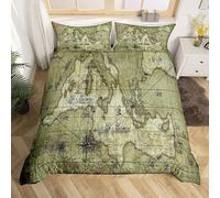 Map Print Comforter Cover Vintage Atlas Travel Bedding Set Adventure Duvet Cover for Children Kids Boys Girls Microfiber Ocean Themed Retro Green Bedspread Cover Double Size Bedding Collection 3Pcs