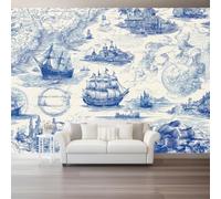 Map Sailing Boat Compass Mural Wallpaper 400 x 280 cm (W x H), Nautical Photo Wallpaper Non Woven Wall Mural Poster, for Teen Kids Bedroom Playroom Home Decoration Removable Mural