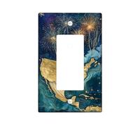 Map Single Rocker Light Switch Cover, Celebratory Artistic Fireworks Stars Fourth of July Gold Plastic Standard Size Decorative Wall Plates for Home Living Room New Apartment Decor