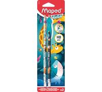 Maped - 2 HB Pencils with Eraser Tip + Jungle Fever Finger Guide - Fun Tool for Learning to Write - Recommended by Teachers - Suitable for Ages 3 and Above