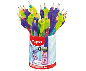 Maped - 22 Graphite HB Pencils + Kidy Learn Rabbit and Chameleon Finger Guide - Eraser Tip - Ideal for Learning to Write - Suitable for Ages 3 and Above