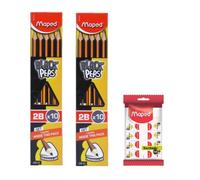 Maped 2B Pencil Set of 2 x 10 Writing Pens, Set Contains 20 Graphite Pencils, 8 Erasers and 2 Free Erasers Inside, Triangle Shape for Easy Grip, Soft and Extra Dark, Fine