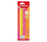 Maped - 3 Graphite Pencils HB2 Neon - FSC HB Pencils - Eraser Tip - Ergonomic Triangular Shape - Durable Lead