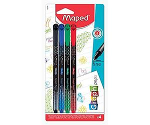 Maped - 4 Graph'Peps Deco Felt-Tip Pens - Fine 0.4 mm Tip - Durable Tip - Writing and Drawing Comfort - 4 Felt-Tip Pens - Black, Green, Red, Blue