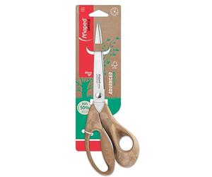 Maped - Advanced Wood Asymmetrical Scissors with Pointed Tip - Stainless Steel Blades and Rivet - Ergonomic 3D Handles, 50% Wood Powder - 10 Year Guarantee - 25 cm