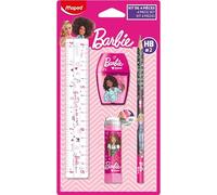 Maped - Barbie Stationery Set 4 Pieces - 1 Transparent Ruler 15 cm + 1 Pencil Sharpener 1 Hole + 1 Protected Tube Eraser + 1 HB Paper Pencil - Official Barbie Licence