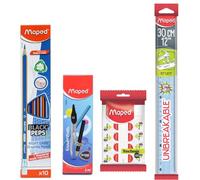 Maped Basic Stationery Kit|Essential School Stationery|10 EraserTip Pencil; 8 Dustfree Eraser; 1Unbreakable Scale & 1 DieCasted Compass with HS Pencil|Return gifts for Kids|Gift Set for Kid & Students
