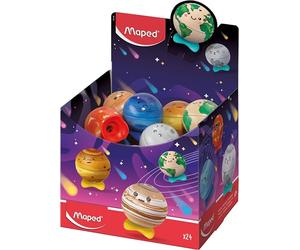 Maped - Collectable Planet Pencil Sharpener Display - 1 Hole - Metal Reserve - Ergonomic and Anti-Shock - Ready to Use Display