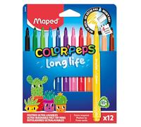 Maped - Color Pep's Long Life Pens - School Supplies - Washable Pens with Super Resistant Blocked Tip - Does not dry without cap - Bright colours - Excellent coverage - x12