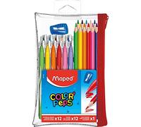 Maped - Color'Peps Transparent Filled Pencil Case - 12 Coloured Pencils + 12 Washable and Drying Resistant Pens + 1 Pencil Sharpener - Zipped Reusable Pencil Case
