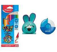 Maped Colouring Kit - 12 Colour'Peps Pencils + Blue Zenoa Eraser + Blue Rabbit Croc Pencil Sharpener