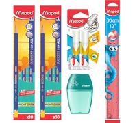 Maped Complete Writing & Drawing Kit-20 wooden Pencils, 2pc Traingular Stick Erasers, 1H Shaker Sharpener with Canister & Twistable Ruler|Writing & Drawing Kit for Kids, Students & Office Use