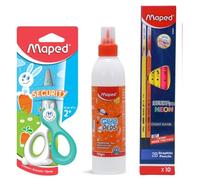 Maped Craft Kit - 13 Pcs Set|12cm Kidi Cut Paper Cutting Scissor|Premium Wooden Dark Pencils|Perfect White Glue 100gms|Ideal For daily use, School projects|DIY Kids|Small Crafting Kit|Glue|Scissor