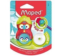 Maped - Duo Pencil Sharpener/Loopy Eraser - Pencil Sharpener with Tank + 1 Hole - White Rotating PVC Eraser + Refill - with Protective Cap - Red/Green Totem Design