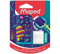Maped - Duo Pixel Party Pencil Sharpener - 2 in 1-2-Hole Pencil Sharpener + Eraser, PVC and Phthalate Free - with Eraser Refill