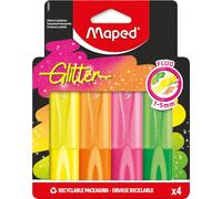 Maped - 740247-4 Fluorescent Glitter Highlighters, Chisel Tip, Long-Lasting Highlighters for School, Lettering, Bullet Journal and Professional, 4 Neon Glitter Colours