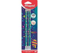 Maped - Graphite HB #2 Pixel Party Pencils - Pencils with Eraser Tip - Ergonomic Triangular Shape - Blister of 6 Pencils