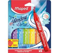 Maped Marker'Peps Window Felt Tip Pens for Windows, Wide Tip 5 mm and Water-Erasable Ink - 6 Assorted Felt Pens with Glass Surfaces + 1 Microfibre Cloth 20 x 20 cm