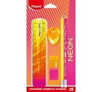 Maped Neon Stationery Set - Trendy Back to School Kit - Twist & Flex Ruler 15cm, 2 Graphite Pencils, Igloo Pencil Sharpener, Bi-Colour Eraser with Sleeve - Bright & Bold Colours