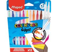 Maped OOPS Erasable Felt-Tip Pens - Medium Tip, Bright Colours - 12 Pack With 2 Erasers