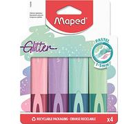 Maped Pastel Glitter Highlighters x 4 - Chisel Tip 1 to 5mm - Set of 4 Pastel Colours - Reusable Cardboard Pouch
