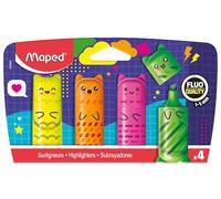 Maped - Set of 4 Mini Neon Highlighters - Compact size in the shape of kawaii characters - Bright colours: yellow, orange, pink and green