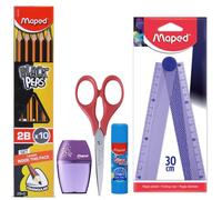 Maped Student Starter Kit-Pack of 5|Wooden Traingular 2B pencil set, Clean Grip Sharpener with Canister, Foldable Scale, 13cm Scissor & Glue stick|Kit that support both academics and projects work