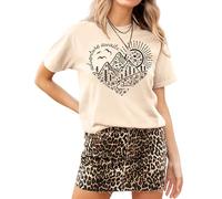 MAPICK Women's Adventure Awaits Graphic T-Shirts Kindness Heart Printed Hike Mountain Nature Travel Casual Tee Tops, Apricot, L