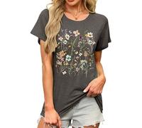 MAPICK Women's Floral Graphic Tees Short Sleeve Casual T-Shirts Boho Style Cute Summer Loose Fit Tops, Dark Grey, S