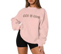 MAPICK Womens Oversized Christian Sweatshirts Fleece Crewneck Sweaters Embroidered GOD IS GOOD Casual Pullover Tops, Light Pink, Medium