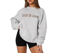 MAPICK Womens Oversized Christian Sweatshirts Fleece Crewneck Sweaters Embroidered GOD IS GOOD Casual Pullover Tops, Light Grey, XXL