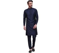 Maple Clothing Kurta Pajama Set Solid Color Indian Clothing for Men Party Wear Wedding Guest Outfit, Navy Blue, Large