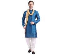 Maple Clothing Men's Kurta Pajama Jacquard Silk Indian Party Dress - Blue - Medium