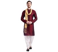 Maple Clothing Men's Kurta Pajama Poly Silk Indian Wedding Party Dress, Maroon-with-scarf, M