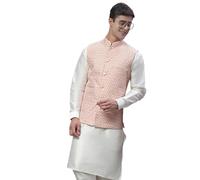 Maple Clothing Men's Nehru Jacket Indian Waistcoat Brocade Traditional Vest Bandhgala Festive Wedding Outfit, Peach, X-Large