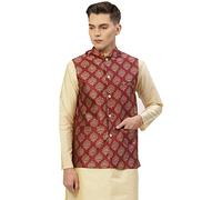 Maple Clothing Men's Nehru Jacket Indian Waistcoat Brocade Traditional Wedding Guest Modi Vest Bandhgala, Maroon, Small